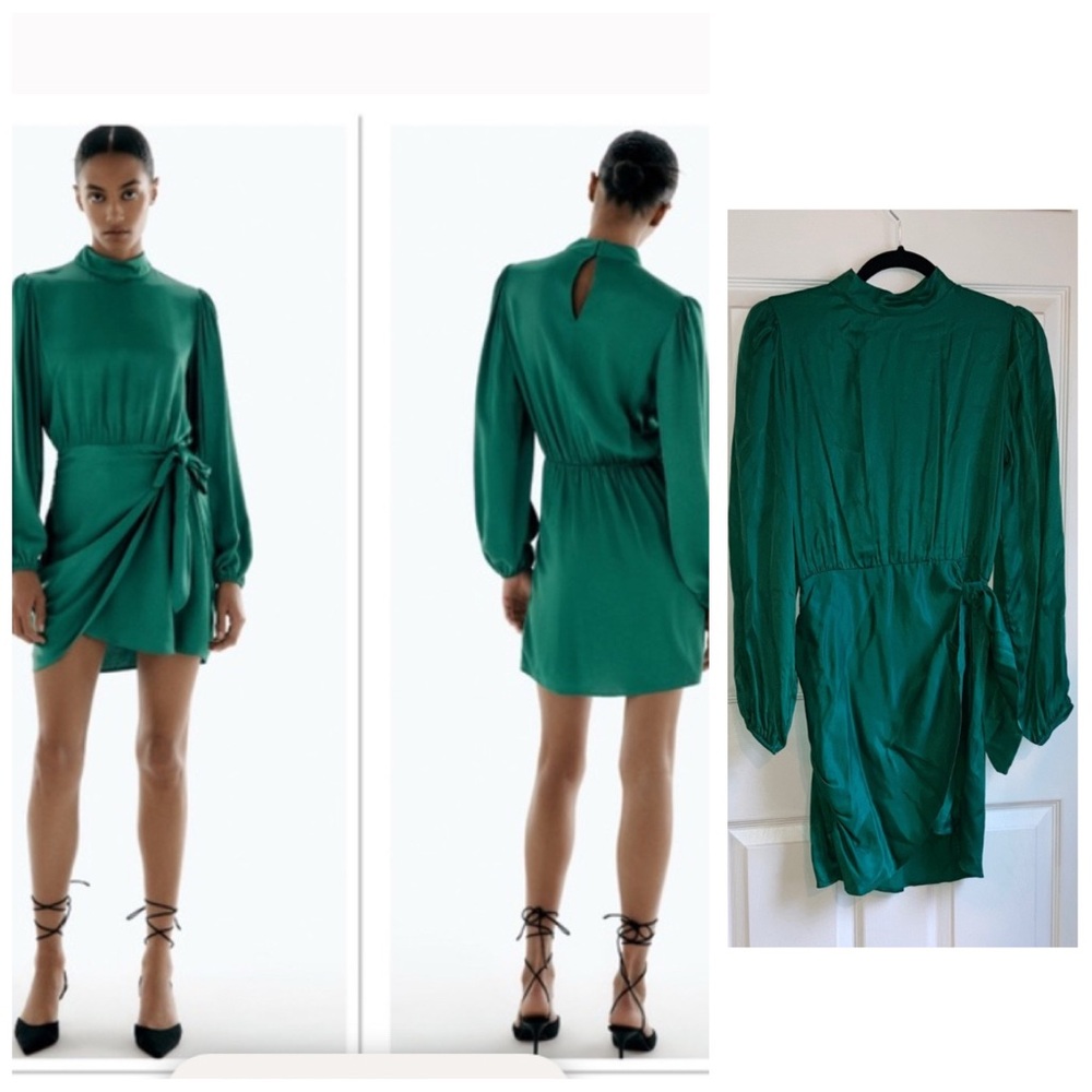 NWT Zara Emerald Green Satin Style Long Sleeve High Neckline Dress Sz XS